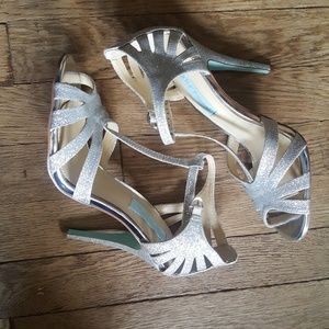 Sparkly silver Betsey Johnson cut out t-strap heel